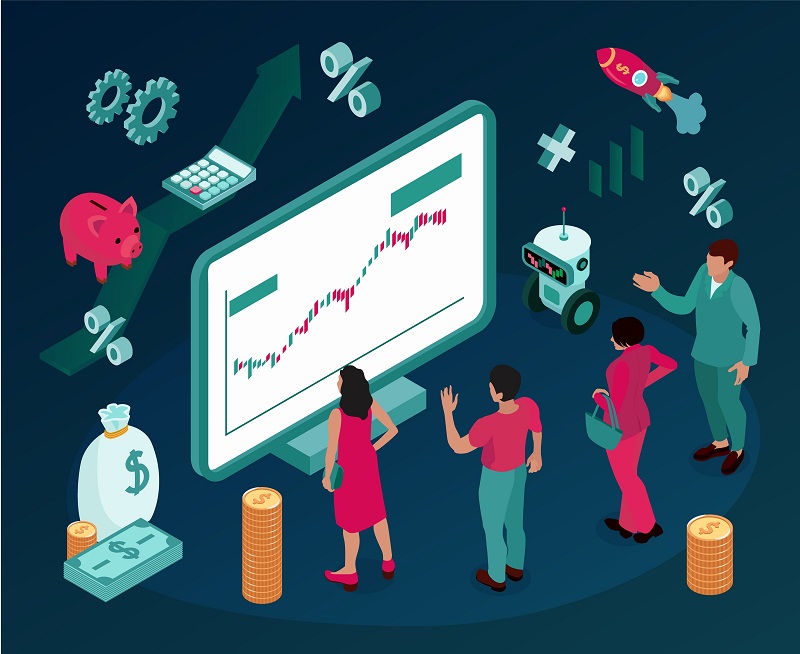 Investment strategy symbols elements isometric composition with financial risks stock exchange currencies market data analyzing vector illustration